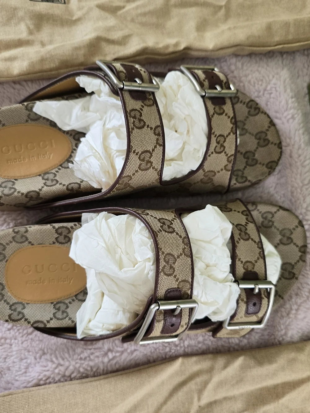 Gucci GG Supreme Canvas Double Buckle Slide Sandals Size US 9 (Gucci 8) -